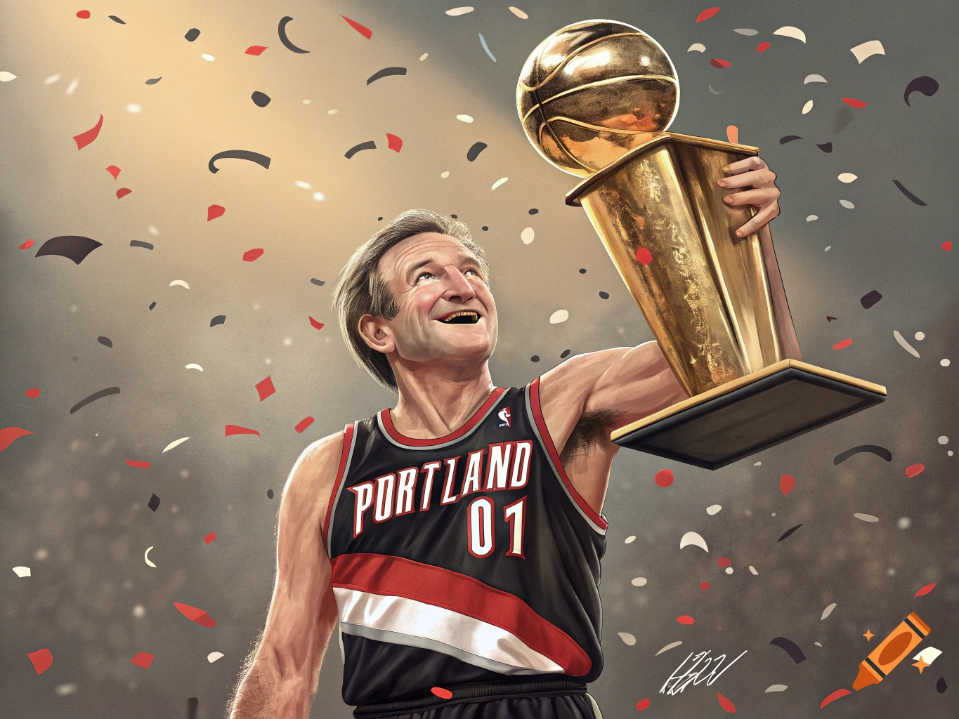 Illustration of Robin Williams in a black and red Portland Trail Blazers jersey, holding up a golden NBA championship trophy amidst falling confetti.