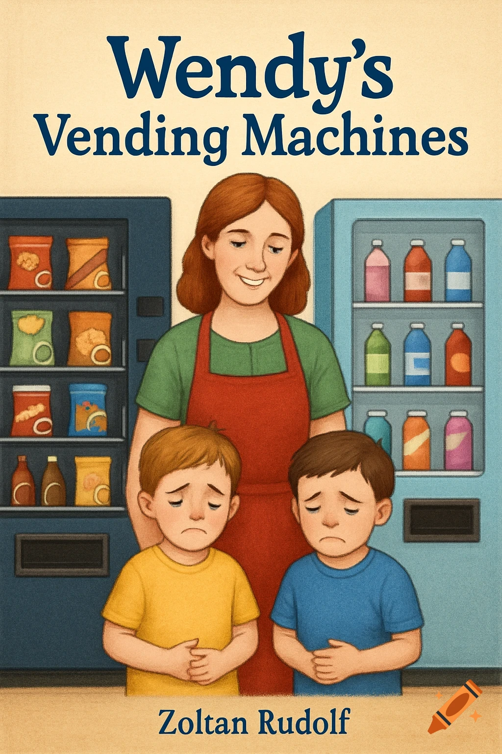 A smiling woman with two sad boys in front of vending machines. Text 'Wendy's Vending Machines' and 'Zoltan Rudolf'. Children's book.