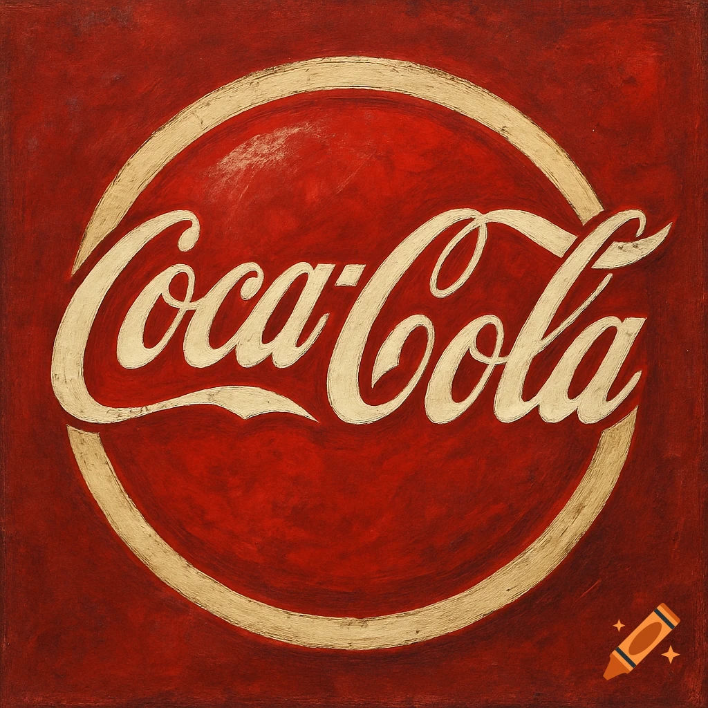 The iconic Coca-Cola logo in white script inside a white circle, set against a textured, rustic red background.