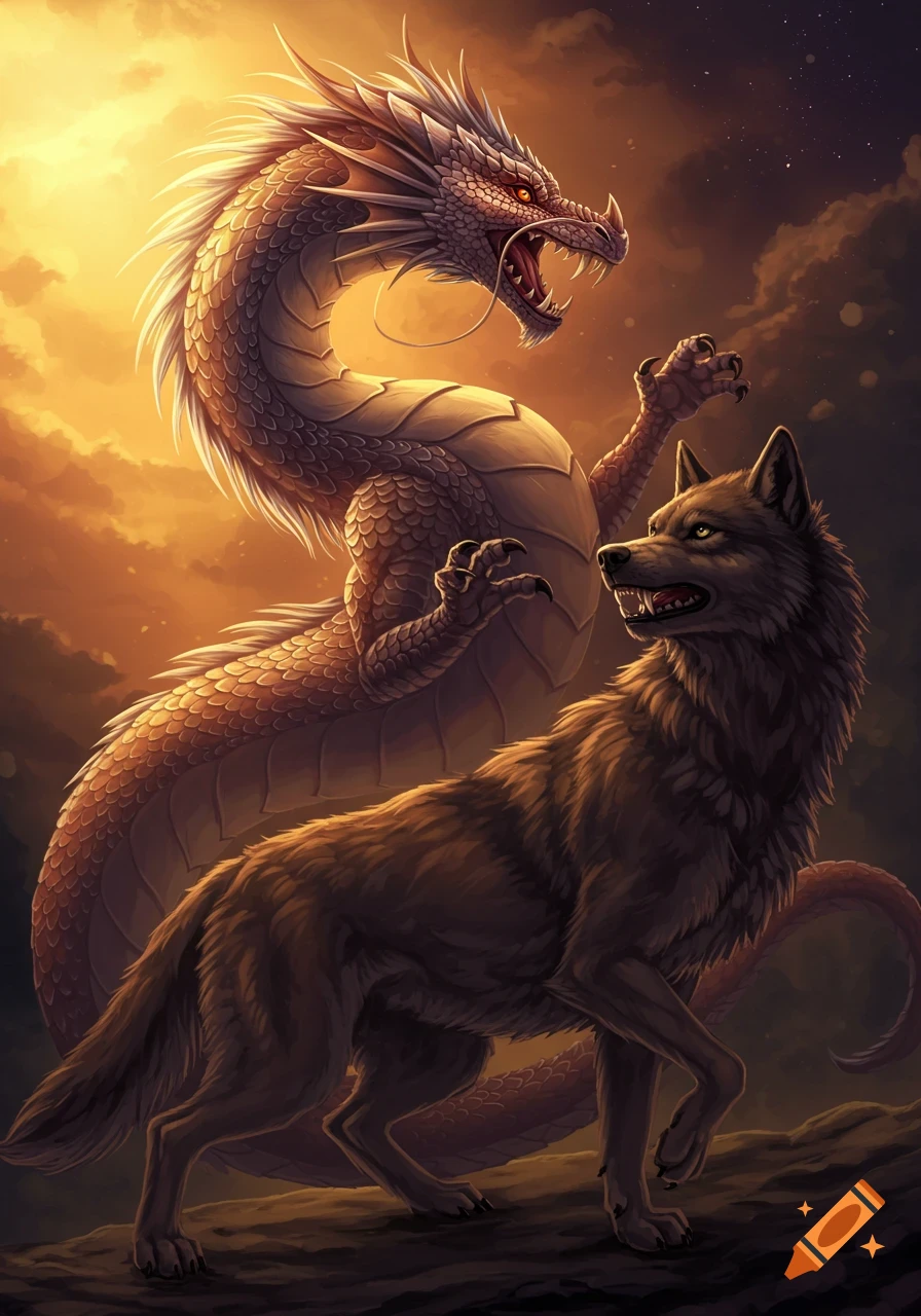 A detailed illustration of a fierce dragon with red eyes confronting a growling wolf against a dramatic orange and dark sky.