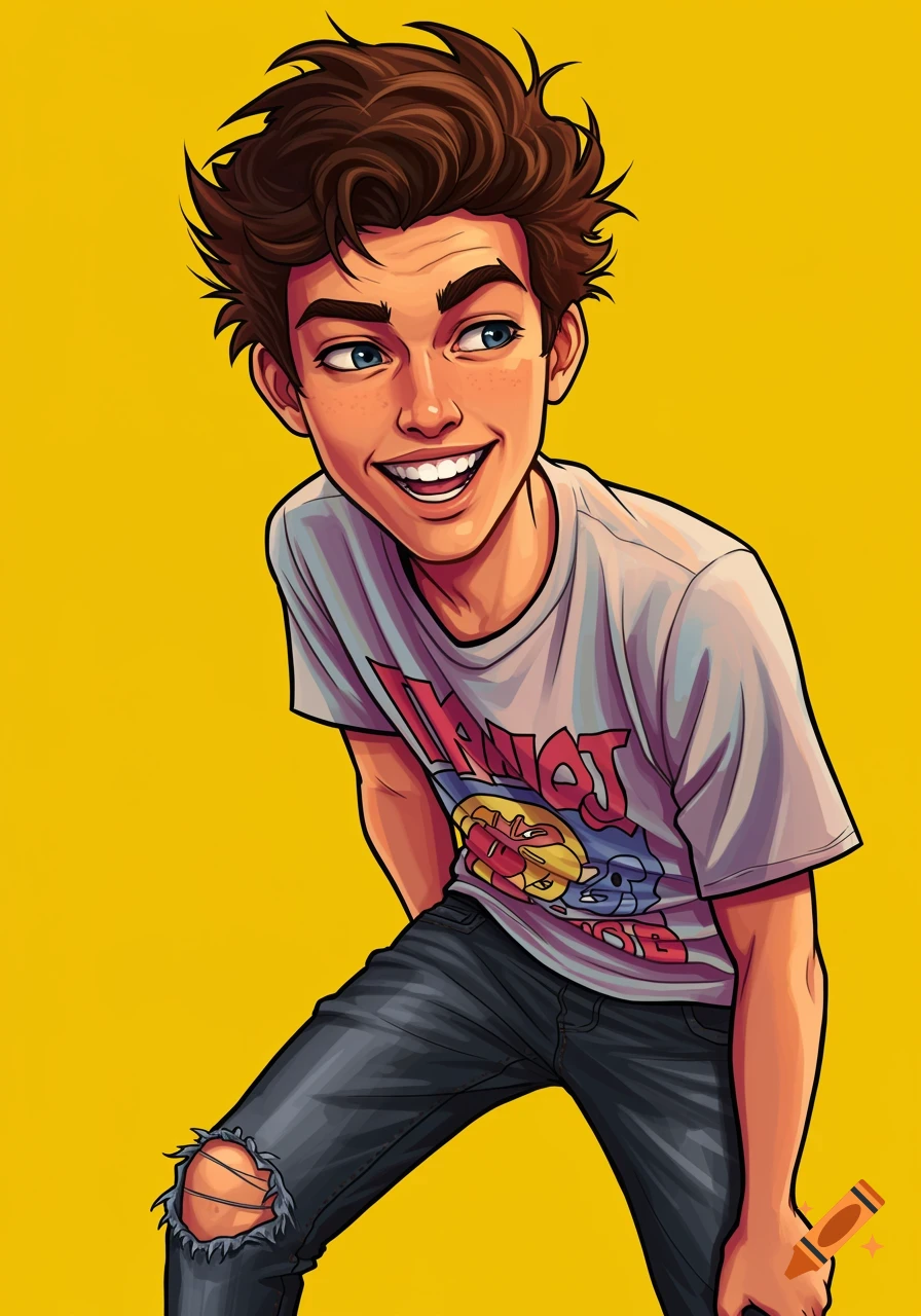 Cartoon portrait of a grinning teenage boy with spiky brown hair and blue eyes, wearing a white t-shirt and ripped jeans on a yellow background.