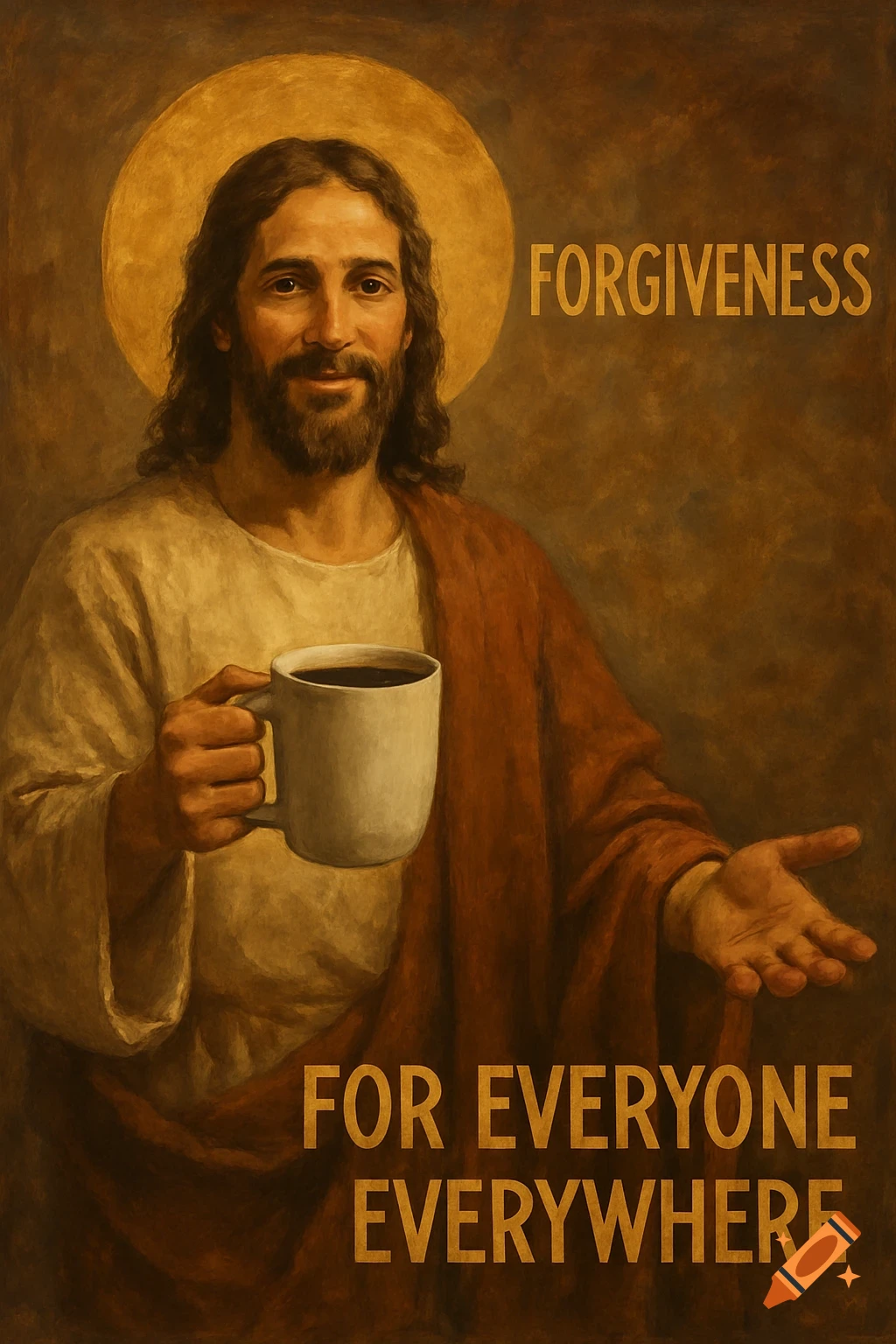 A painting depicting Jesus with a halo, holding a white coffee mug, with the text 'FORGIVENESS FOR EVERYONE EVERYWHERE' in gold.