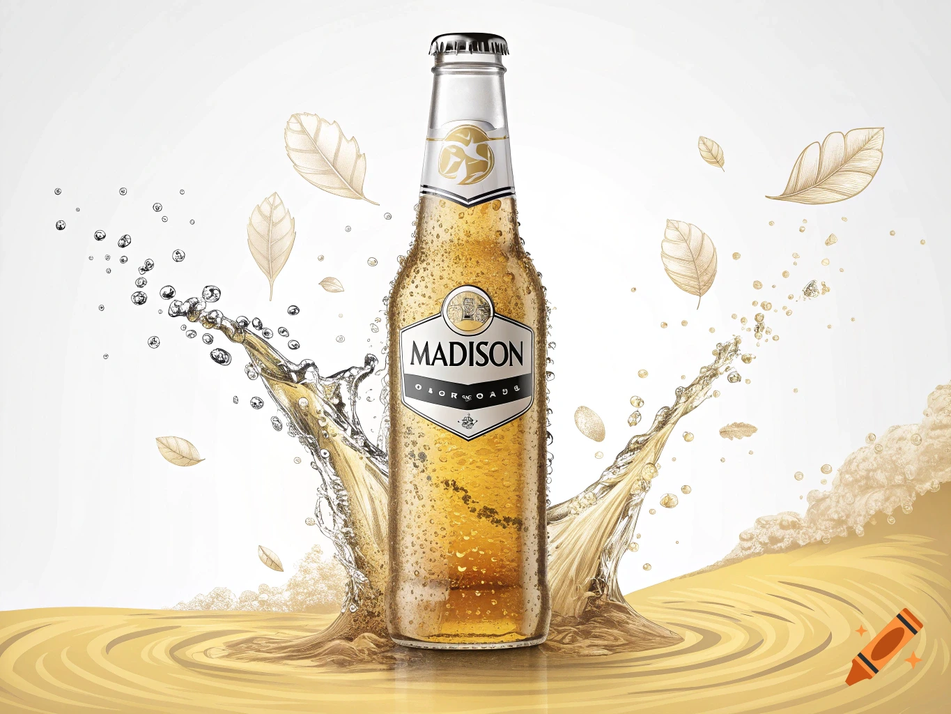 A cold beer bottle with water droplets on a white background with golden liquid splashes and leaves.