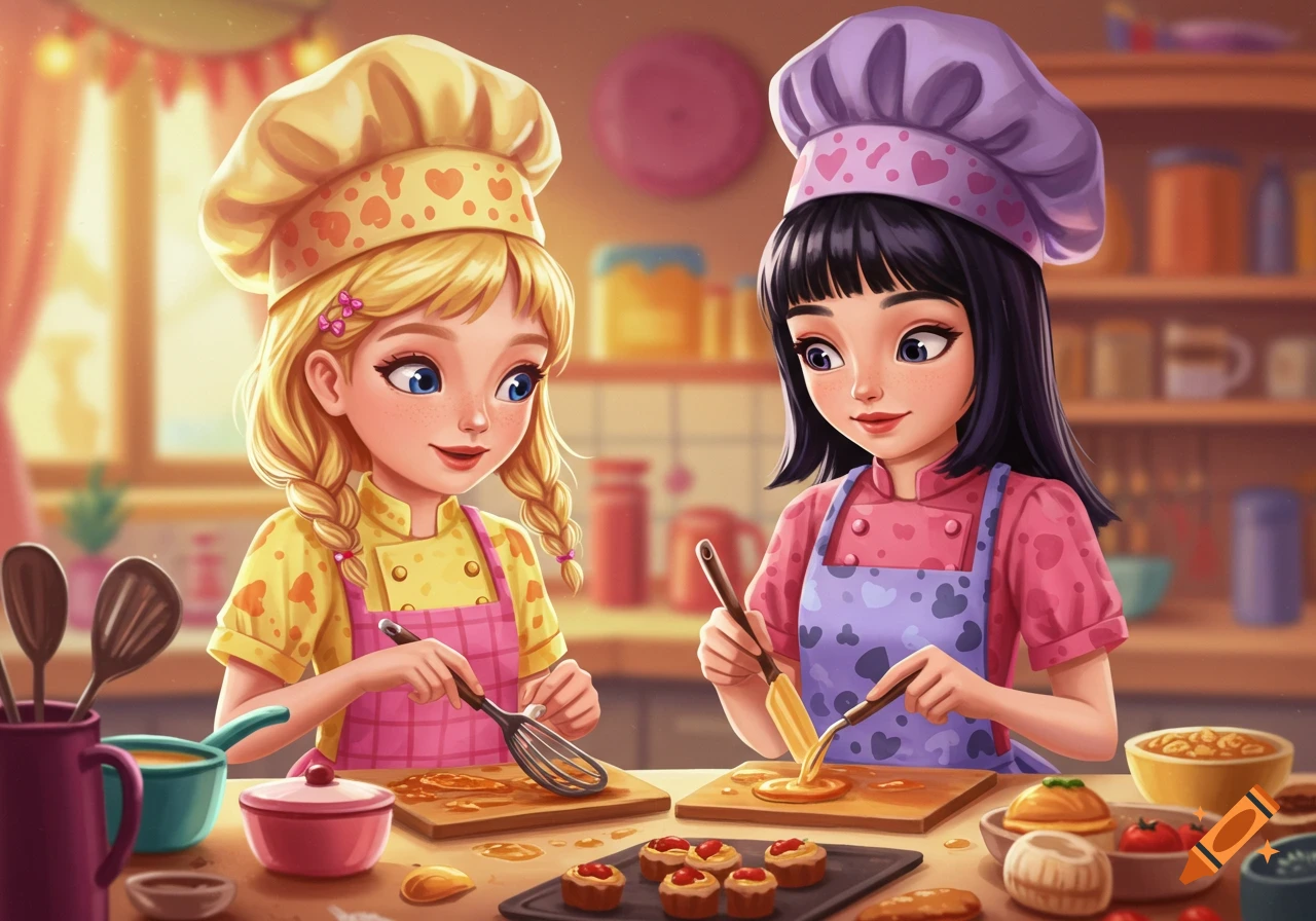 Two cartoon girls, one blonde and one with black hair, wearing chef hats and aprons, baking in a bright kitchen.