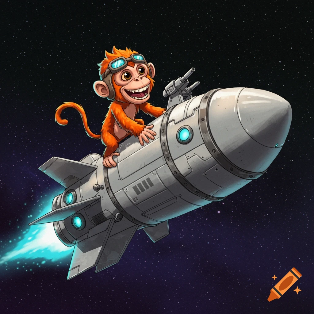 A happy cartoon monkey wearing pilot goggles rides a large grey rocket through outer space, leaving a blue contrail.