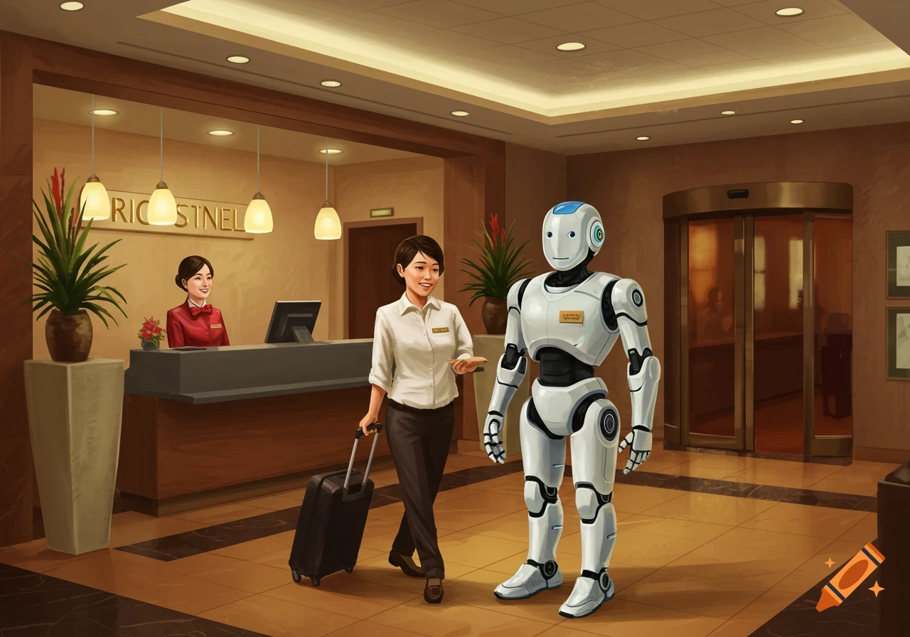 A robot and a woman with a suitcase stand in a modern hotel lobby, with a receptionist at the desk.