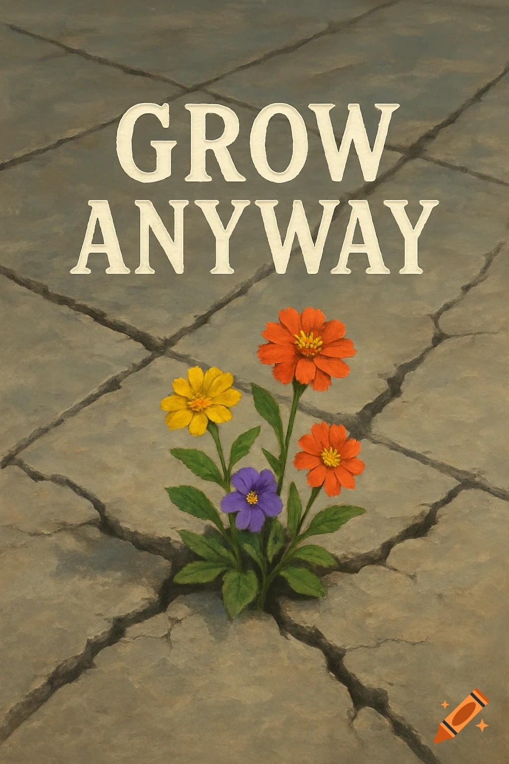 Vibrant yellow, orange, and purple flowers grow through cracks in a grey concrete sidewalk, with the words 'GROW ANYWAY' above them in an artistic style.