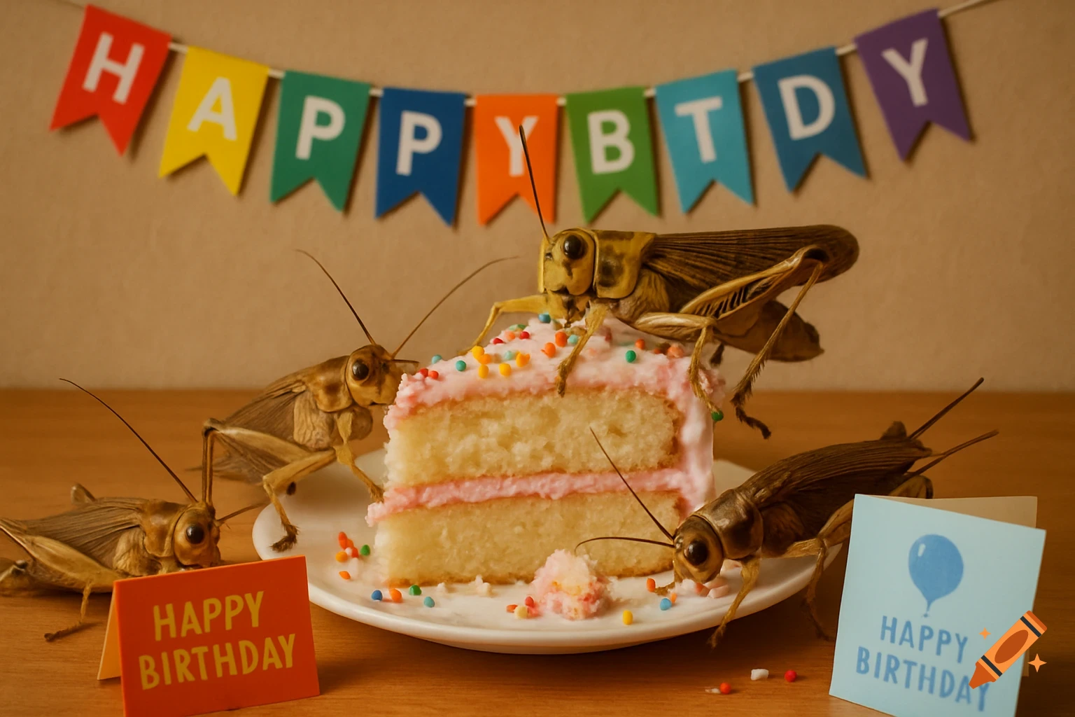 Photorealistic image of several large locusts and crickets gathered around a slice of white cake with pink frosting and colorful sprinkles, set on a white plate. In the background, a colorful banner reads "HAPPY BTDY". Two small birthday cards, one orange and one light blue, say "HAPPY BIRTHDAY".