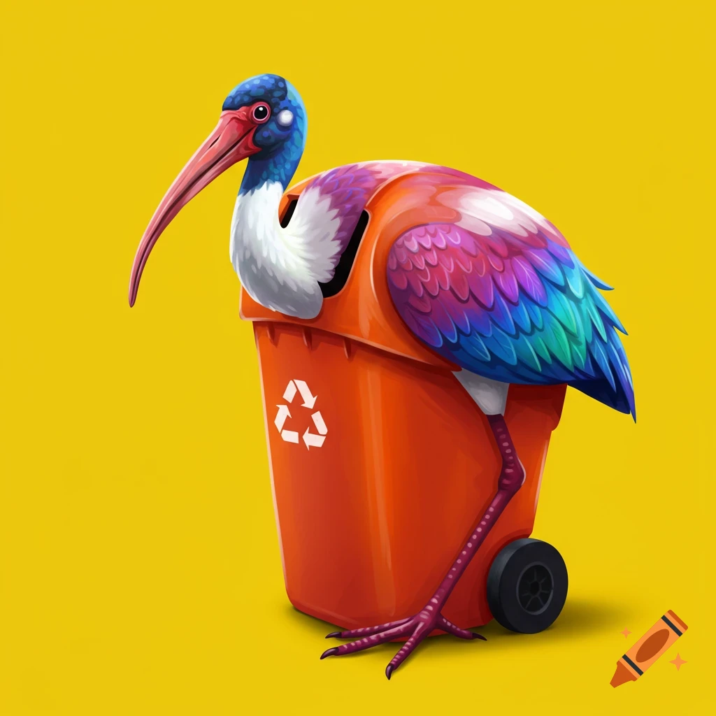 An ibis-like bird with colorful feathers emerging from an orange recycling bin, set against a yellow background.
