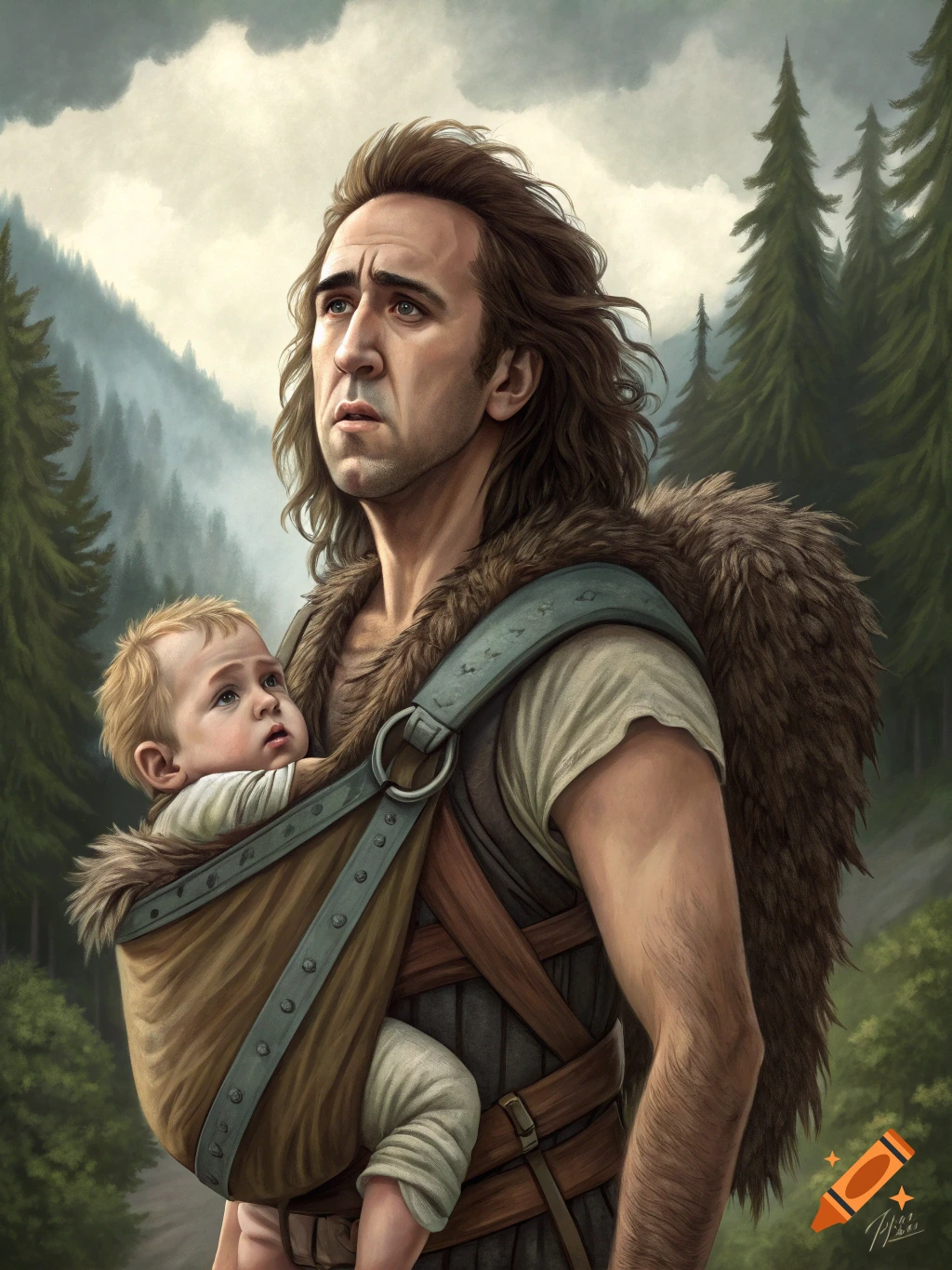 A digital painting of Nicolas Cage as a barbarian carrying a baby in a front carrier through a forest.