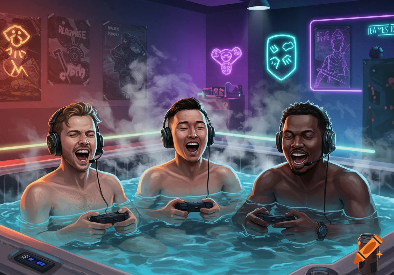 Three laughing male gamers in headphones play video games on controllers in a hot tub, surrounded by neon lights and game posters.