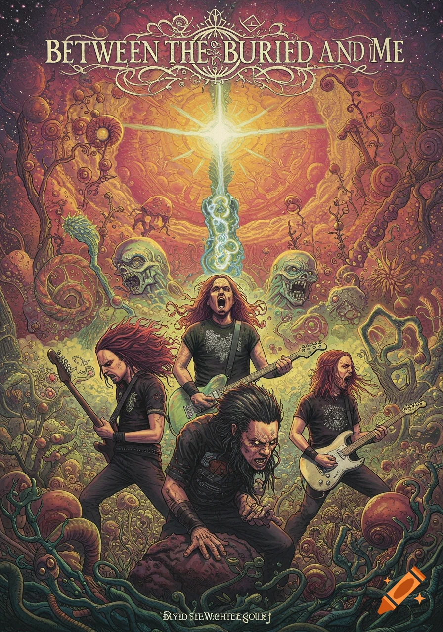 A heavy metal band performs in a detailed, psychedelic landscape with organic alien structures, glowing energy, and skull-like figures.