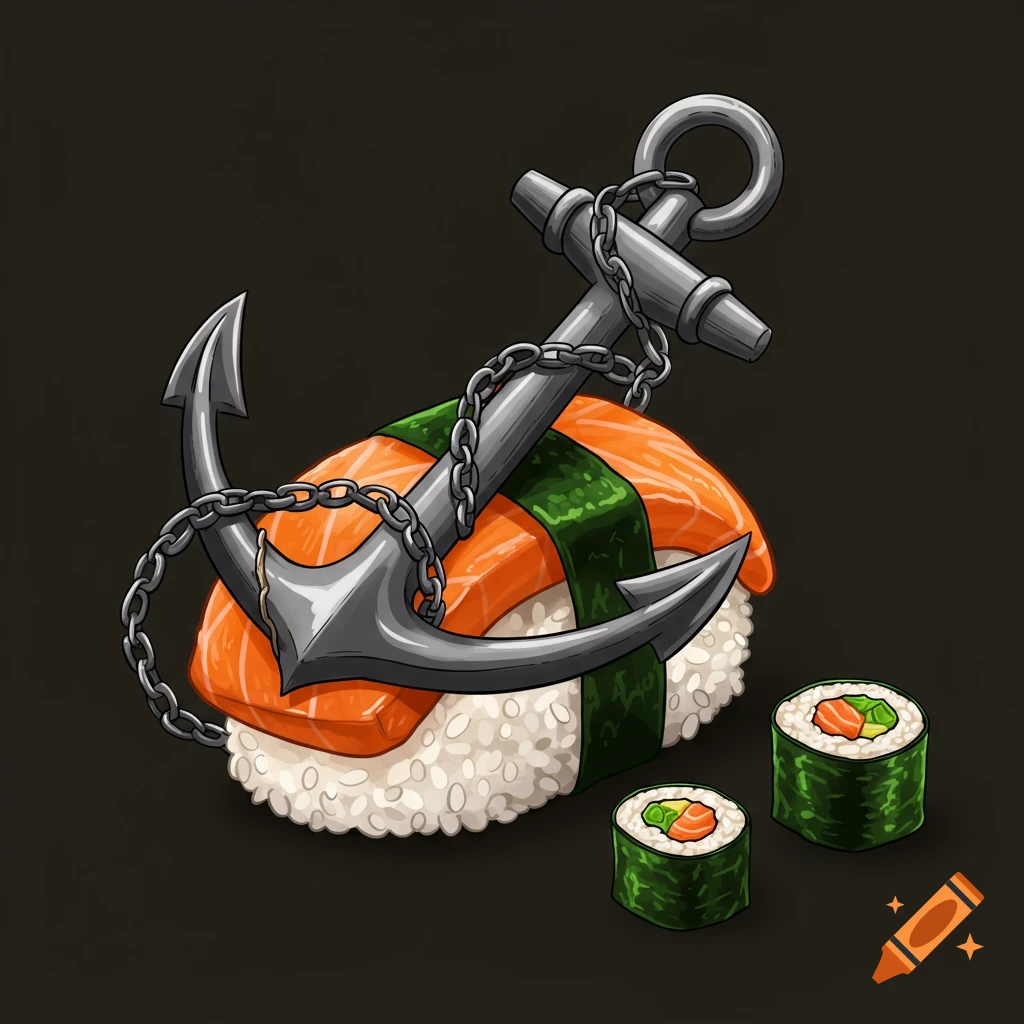 A stylized illustration of a large piece of salmon nigiri sushi with a grey metal anchor and chain resting on top, next to two smaller sushi rolls, against a dark background.
