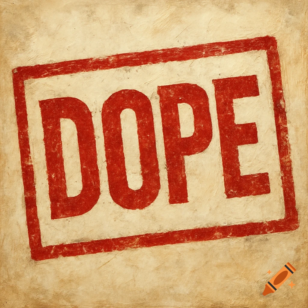 Red rubber stamp with the word DOPE on a textured beige background.