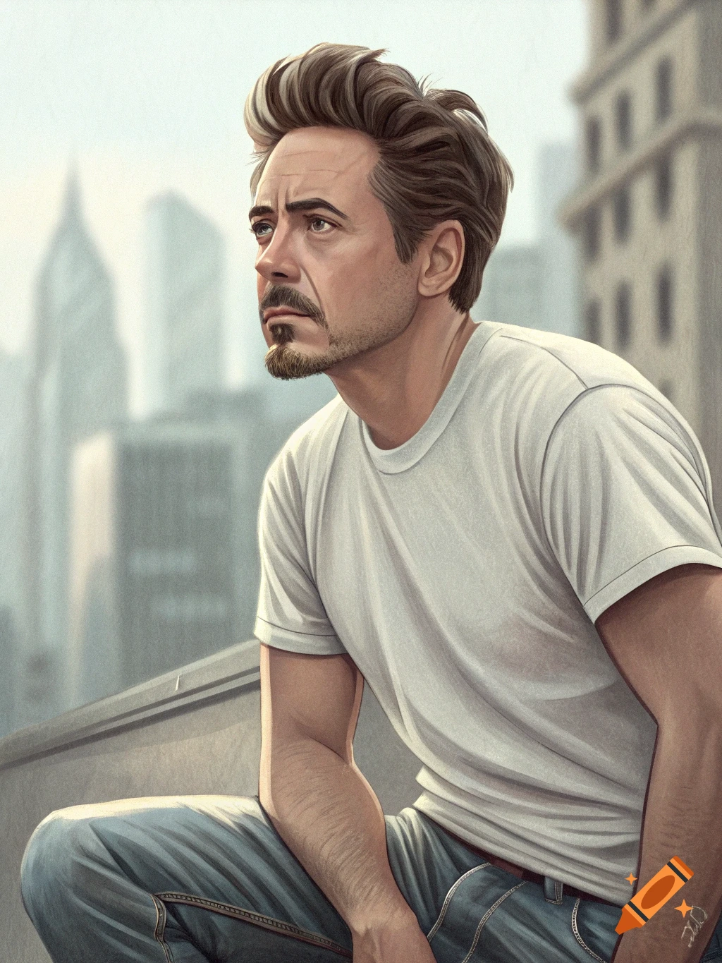 A man resembling Robert Downey Jr. with a goatee and messy hair, wearing a white t-shirt, looks out over a city skyline in an illustrative portrait.