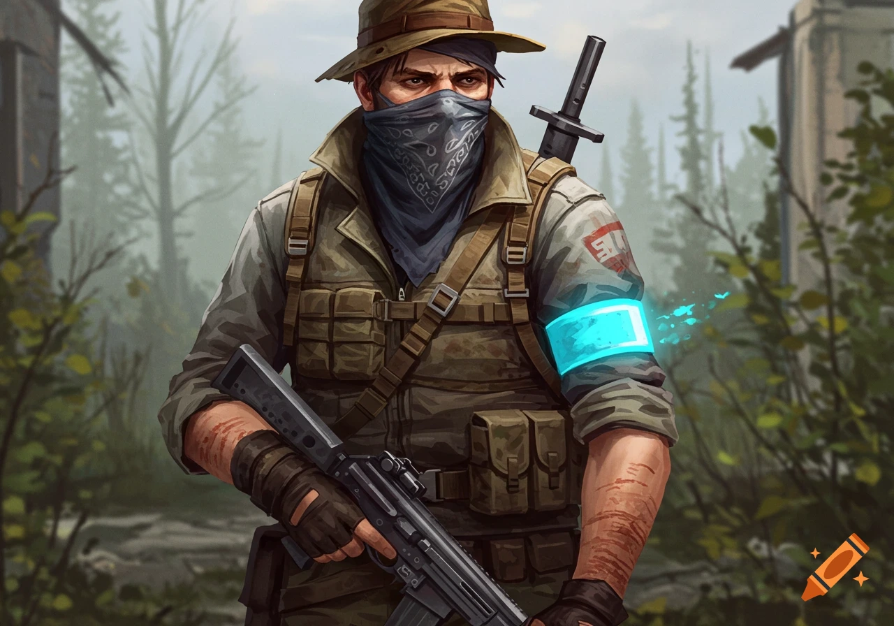 A man in a brown hat, bandana, and tactical gear, holding a rifle, stands in a desolate forest. He has a glowing blue armband.
