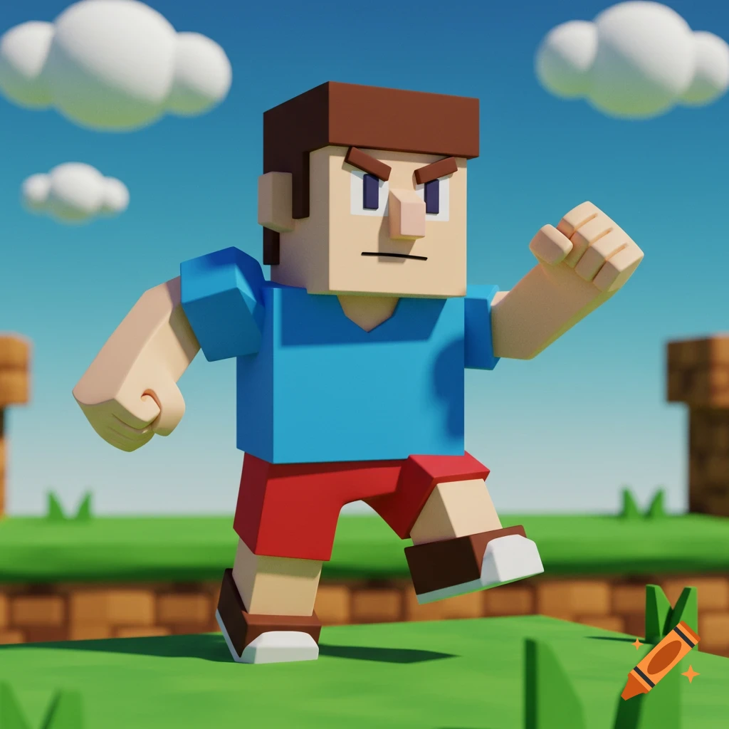 A blocky 3D character in a blue shirt and red shorts, running in a pixelated video game world with clouds and brick structures.