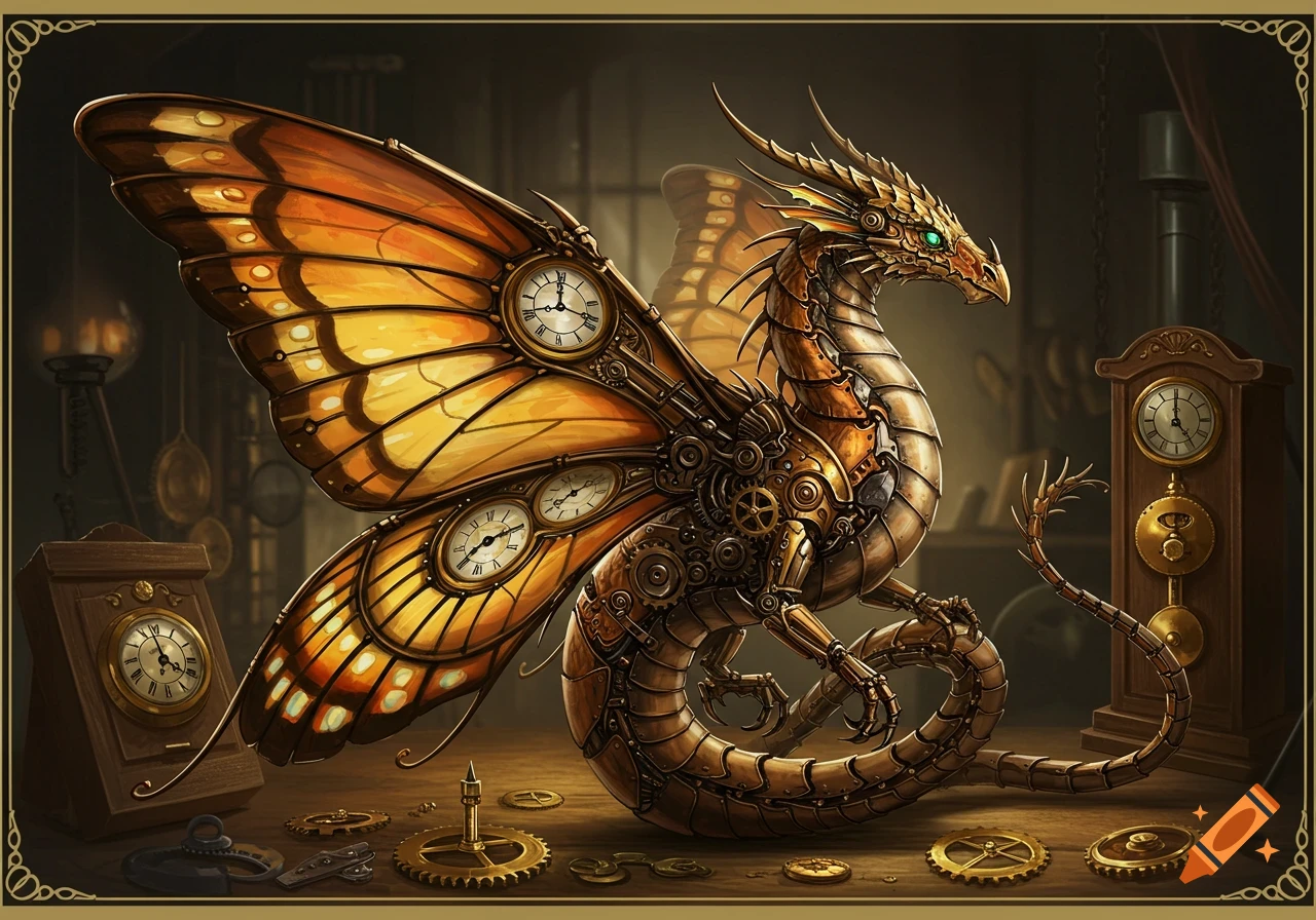 A detailed bronze clockwork dragon with golden butterfly wings featuring clock faces stands in a dimly lit steampunk workshop.