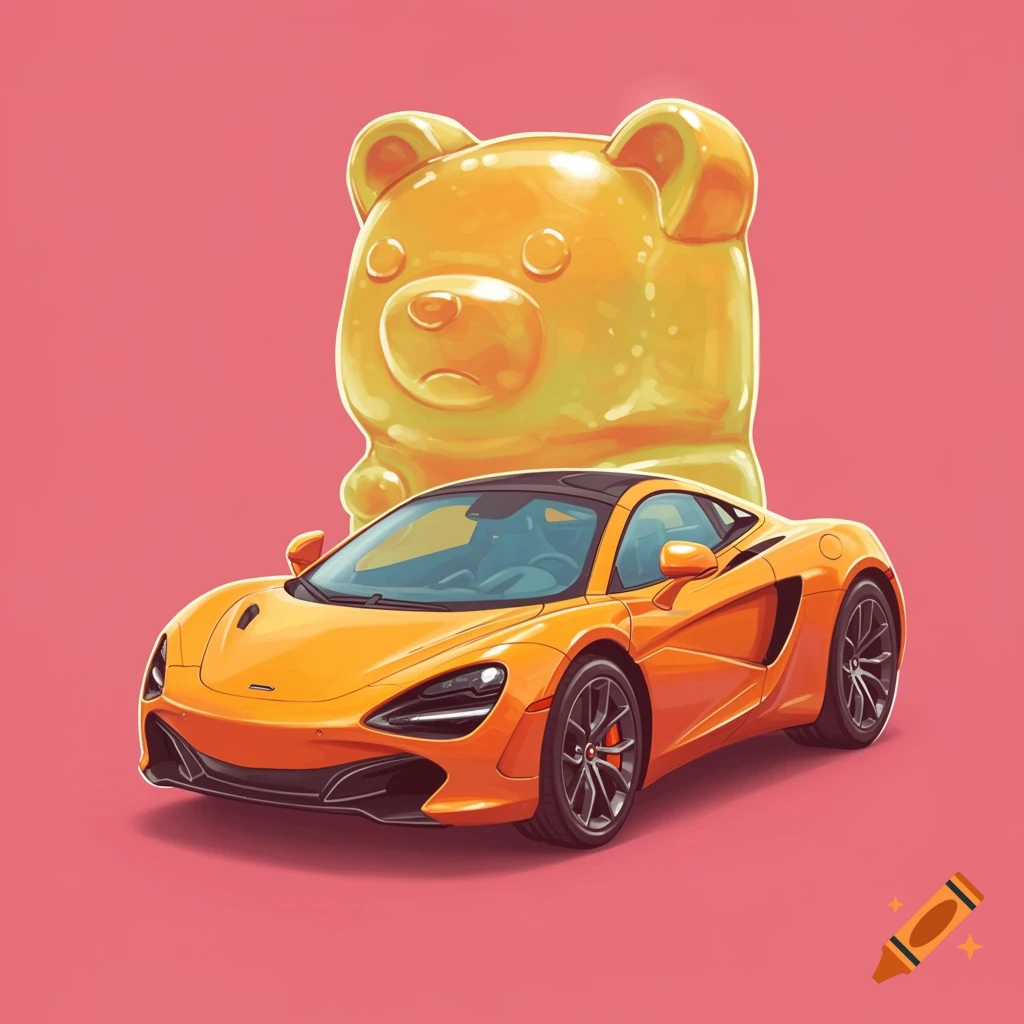 An orange McLaren sports car parked in front of a giant translucent orange gummy bear on a pink background.