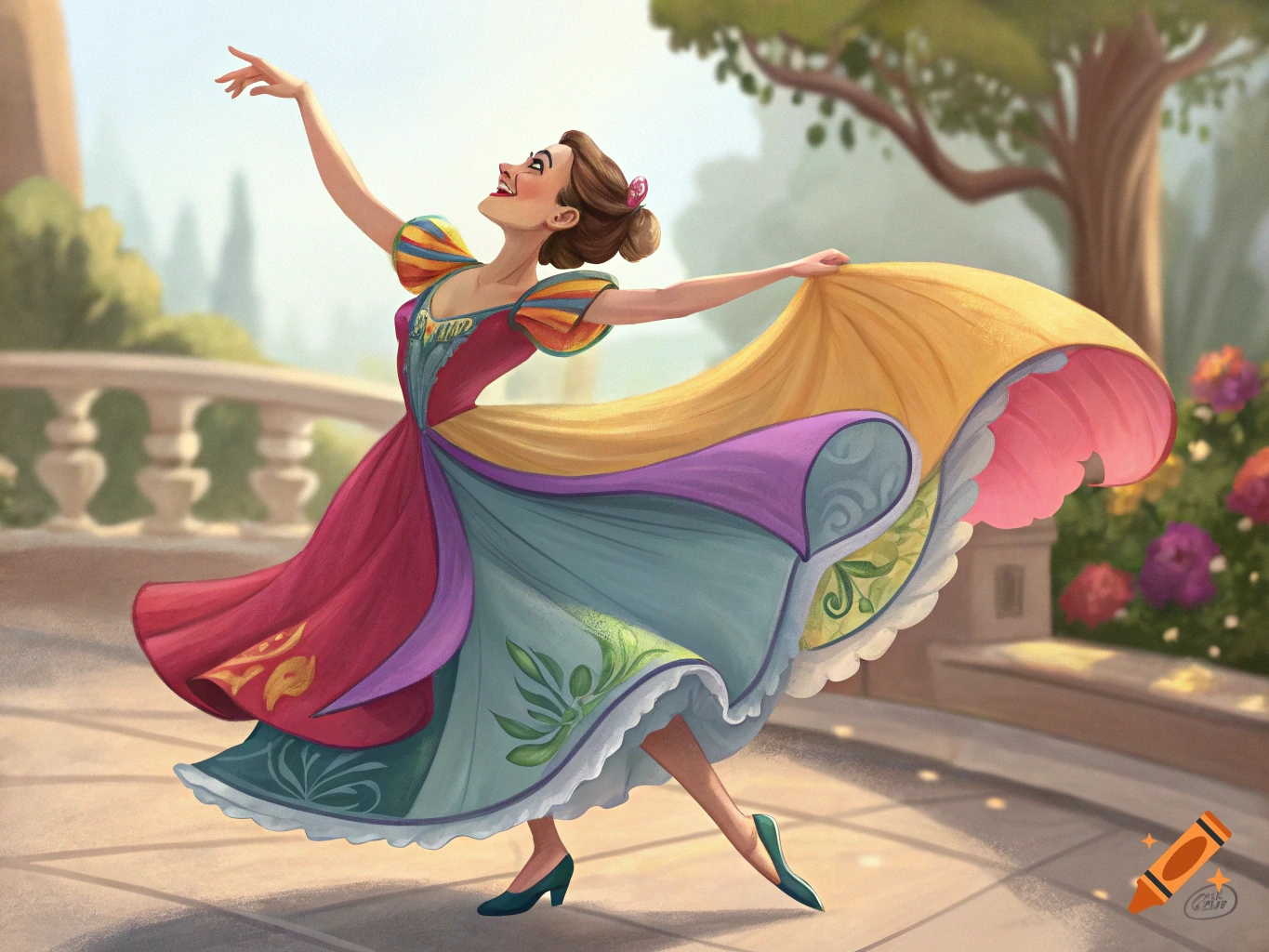 An illustration of a woman in a colorful dress dancing gracefully on an outdoor patio.