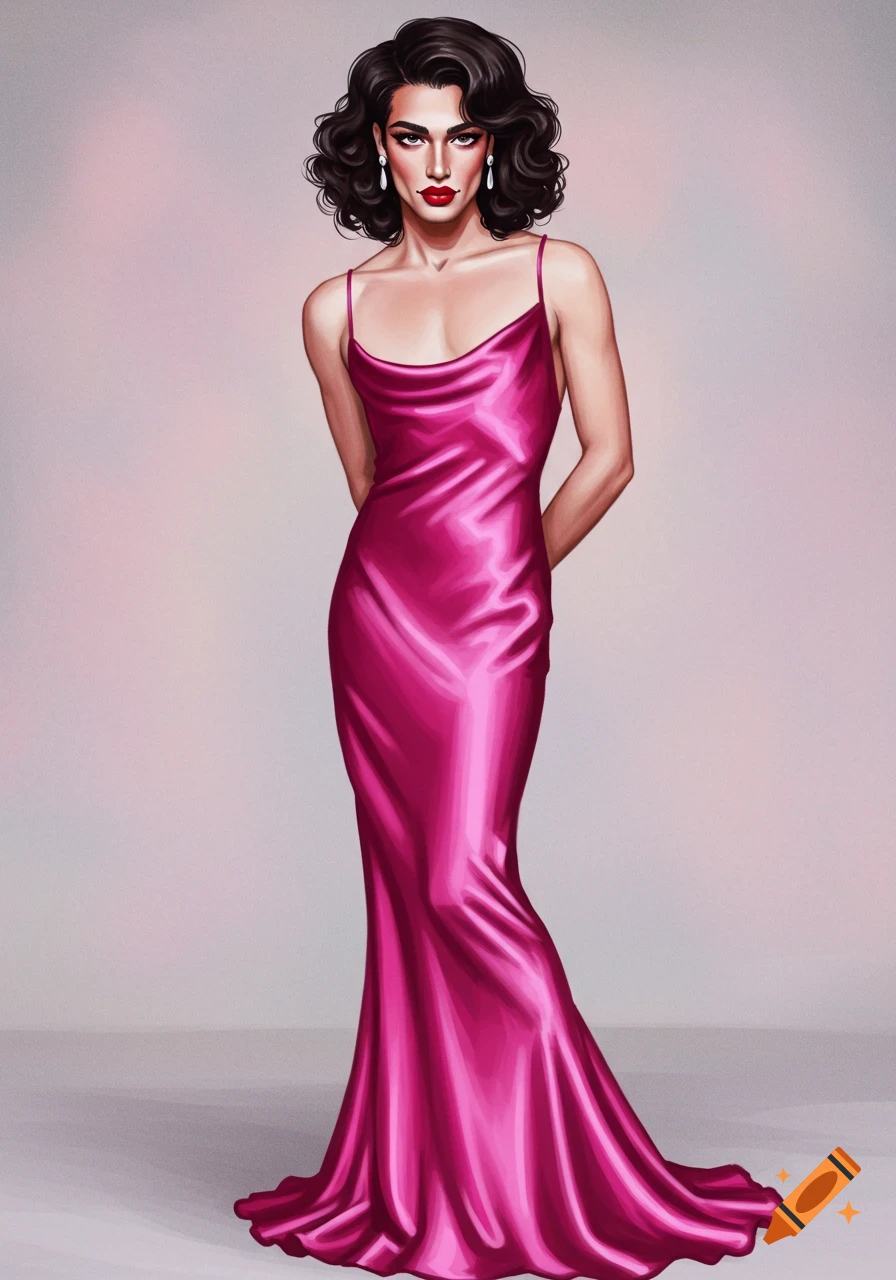 An illustration of a person in a hot pink satin mermaid dress, with dark curly hair and bold red lipstick.