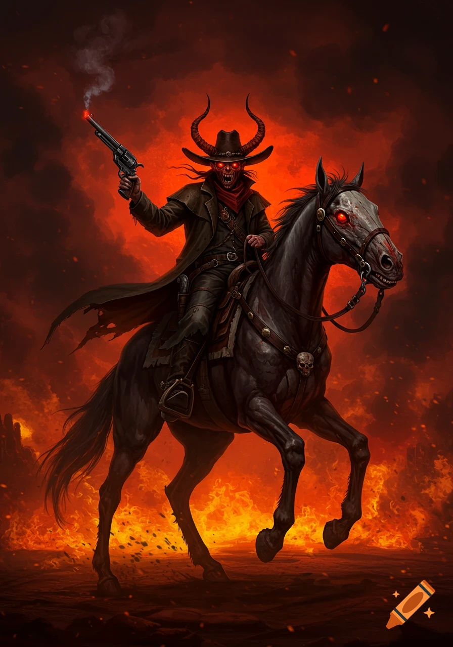 A demonic cowboy with horns and red eyes rides a horse through a fiery, hellish landscape, holding a smoking revolver.