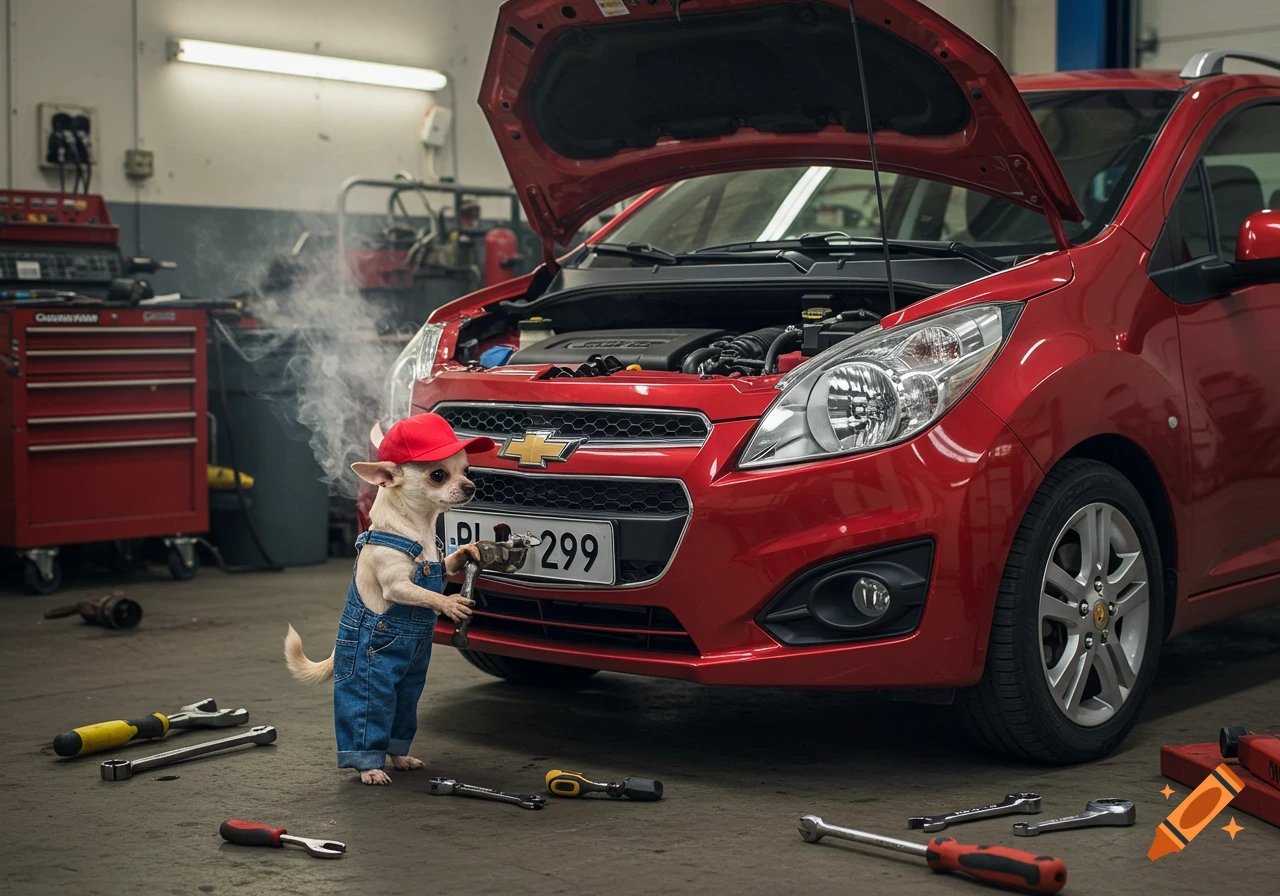 A small chihuahua dog wearing a red cap and denim overalls works as a mechanic on a red Chevrolet Spark car in a garage.