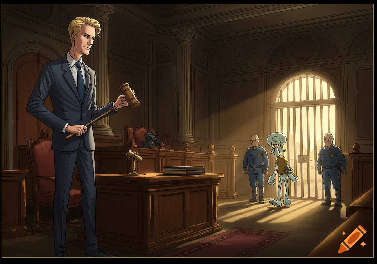 A blonde lawyer holding a gavel in a courtroom, with Squidward and two police officers looking on. Cartoon style.
