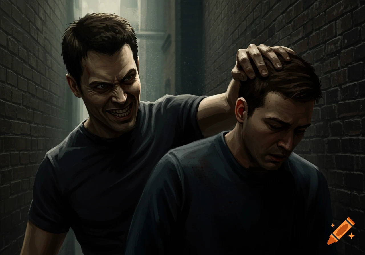 A menacing man grabs another man's head from behind in a dark, stylized alleyway illustration.