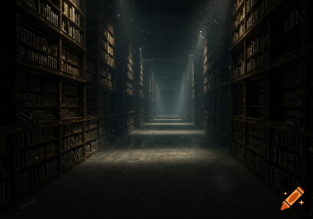 A long, dark library corridor with towering bookshelves on both sides, light beams cutting through dusty air from above.