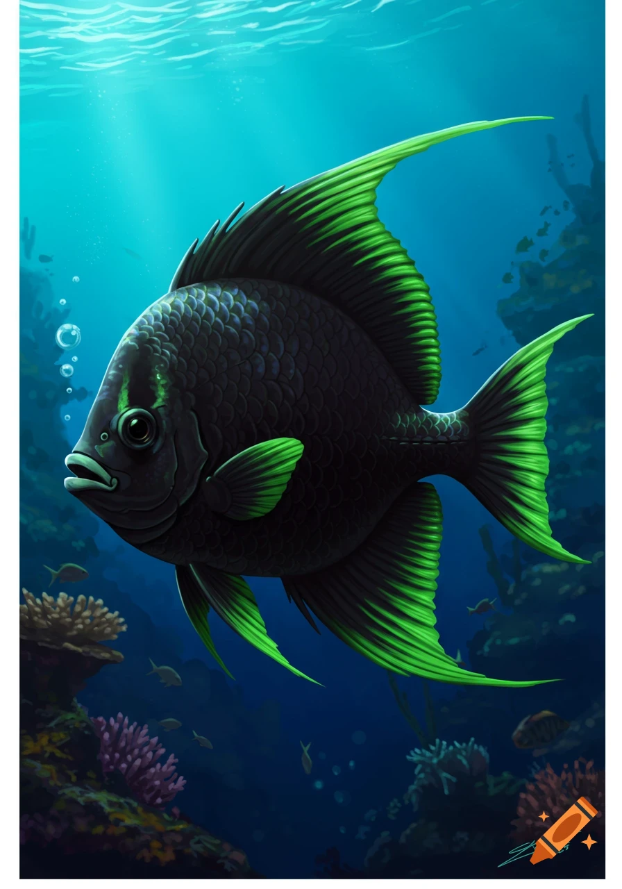 A stylized black fish with luminous green fins swims underwater among coral and bubbles, with light rays from the surface.