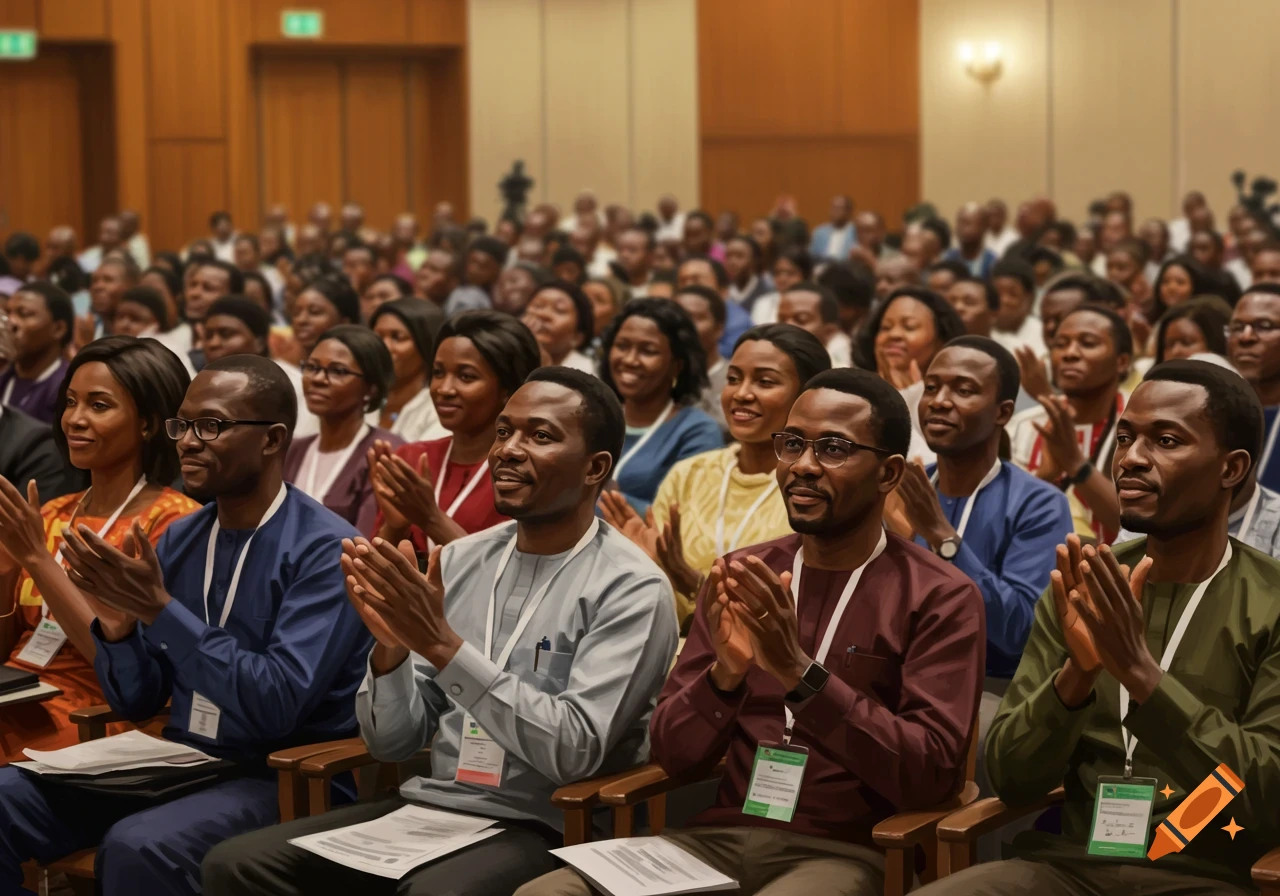 A large audience of African men and women sitting in a conference hall, looking forward and applauding.