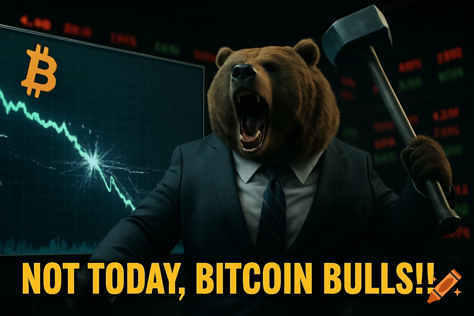 A photorealistic grizzly bear in a suit roars while smashing a Bitcoin chart with a sledgehammer, text reads "NOT TODAY, BITCOIN BULLS!!".