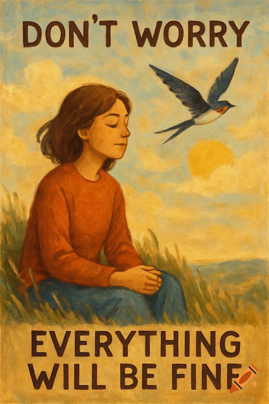 A girl sits in a field with her eyes closed, a bird flies overhead, and the text "DON'T WORRY EVERYTHING WILL BE FINE" in a painterly style.
