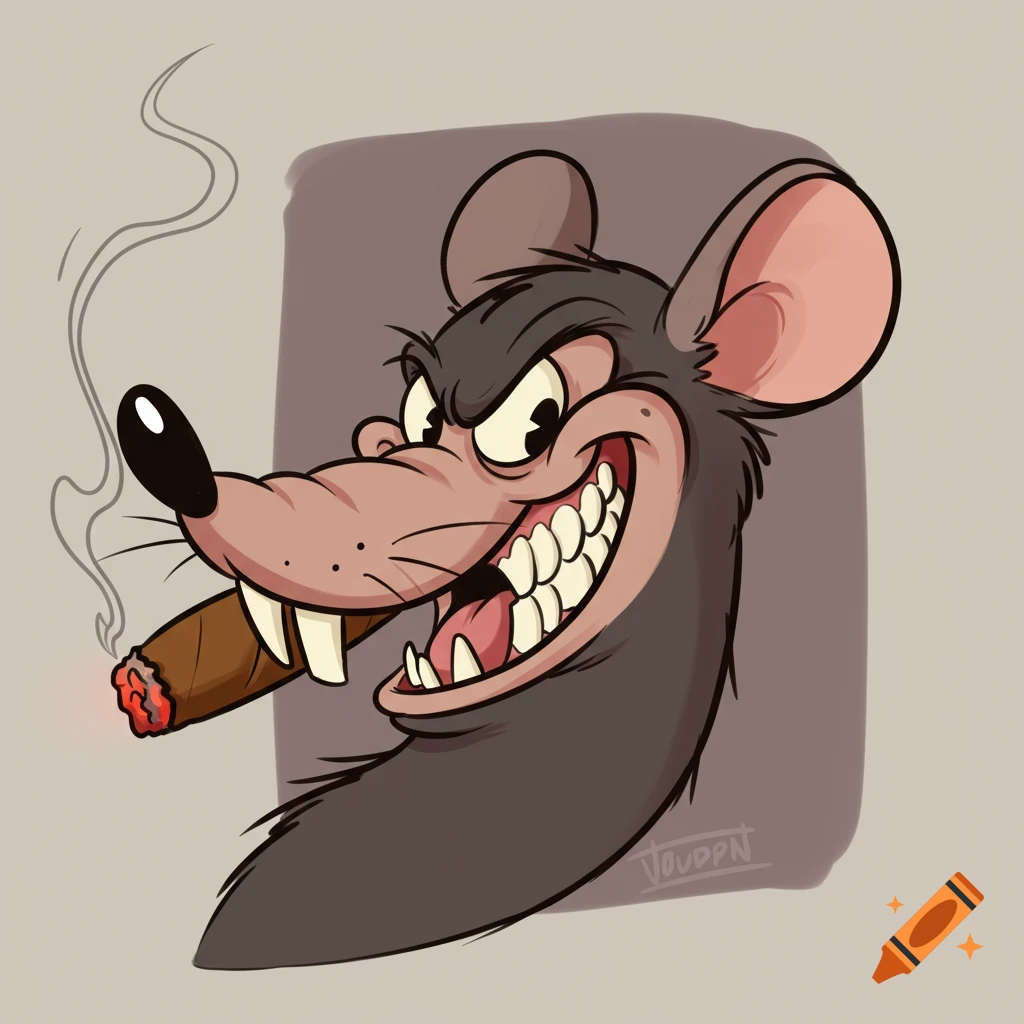 A cartoon rat with an evil grin, large teeth, and a lit cigar in its mouth, smoke curling upwards.