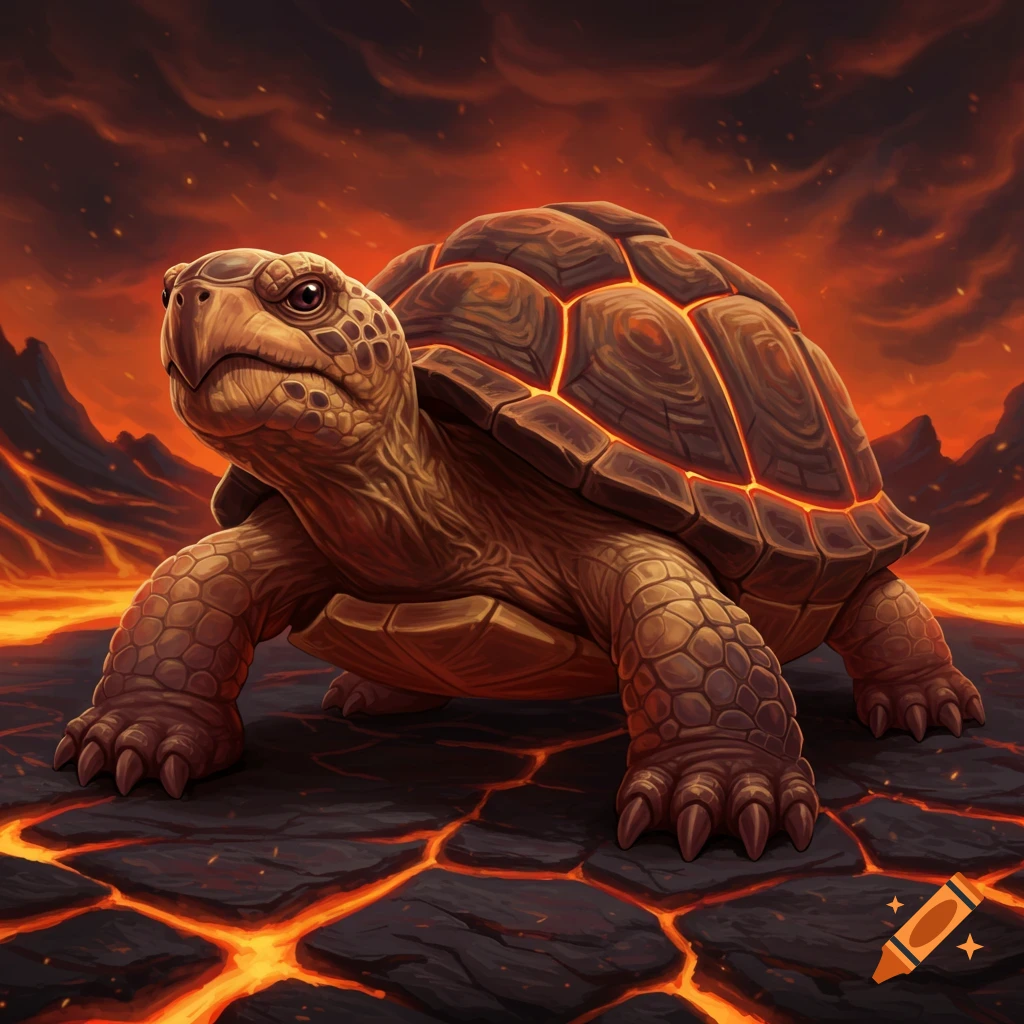 A detailed fantasy art illustration of a large turtle with a cracked, glowing shell standing on molten lava ground under a fiery sky.