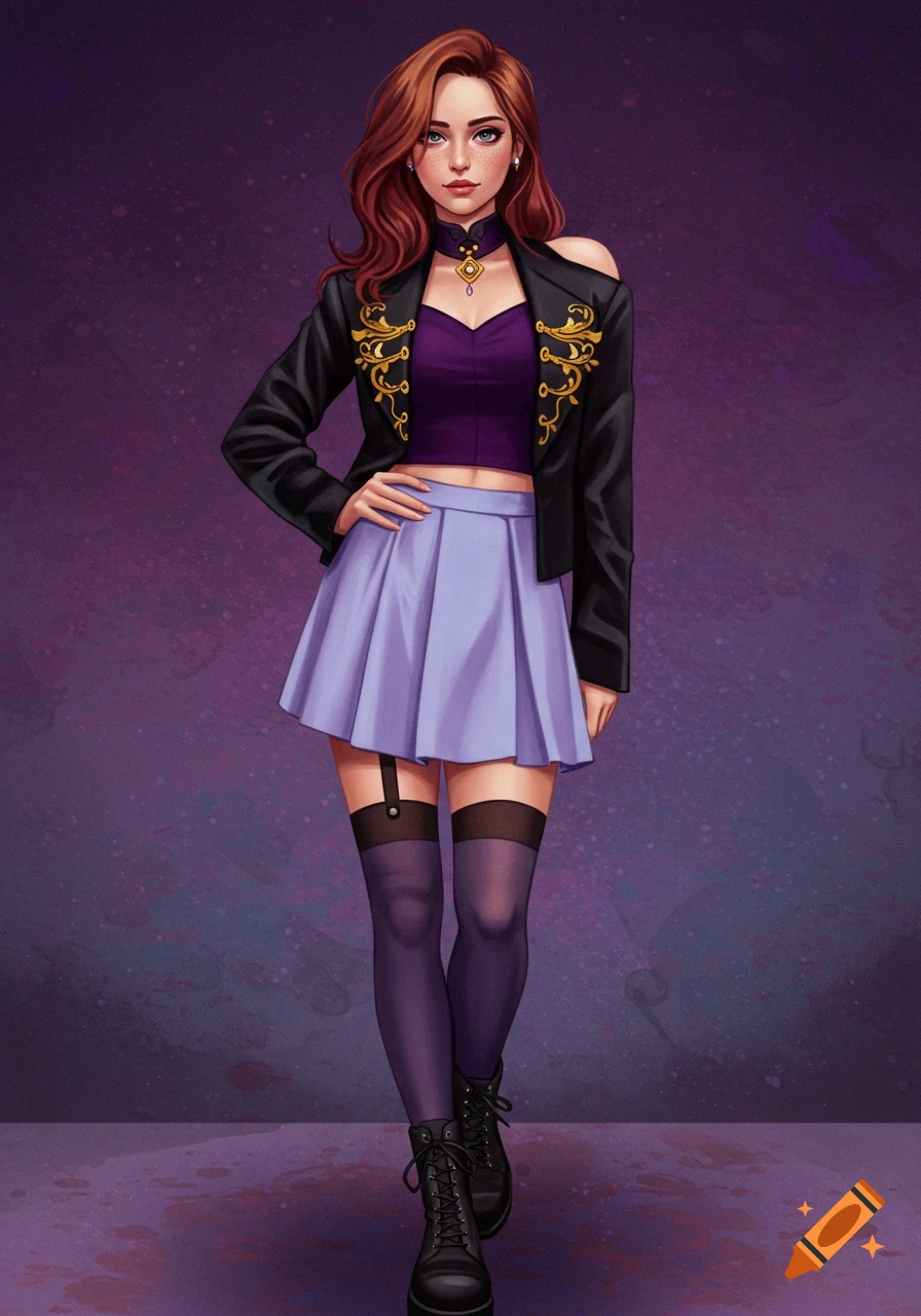 Digital art of a girl with red-brown hair in a black jacket, purple crop top, light purple skirt, stockings, and combat boots.