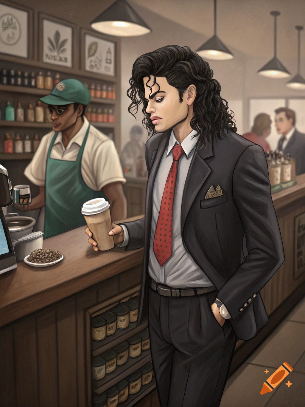 Illustration of Michael Jackson with long dark curly hair, wearing a suit and red tie, holding a coffee cup at a cafe counter with a barista in the background.