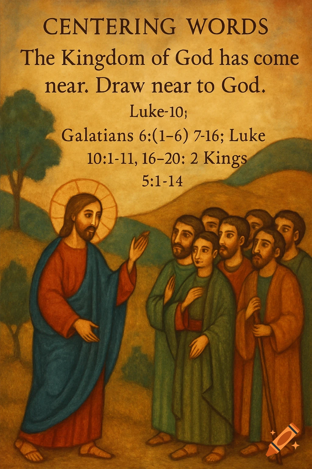 An illustration in the style of an icon depicts Jesus speaking to a group of disciples, with a large block of Bible verses and text above them.