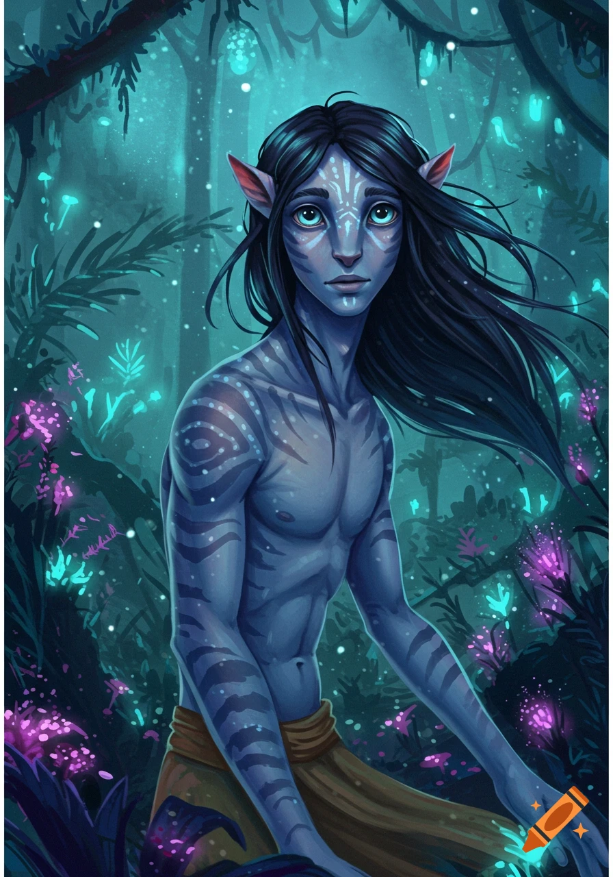 A blue-skinned Navi male character stands shirtless in a glowing bioluminescent jungle in a digital illustration.
