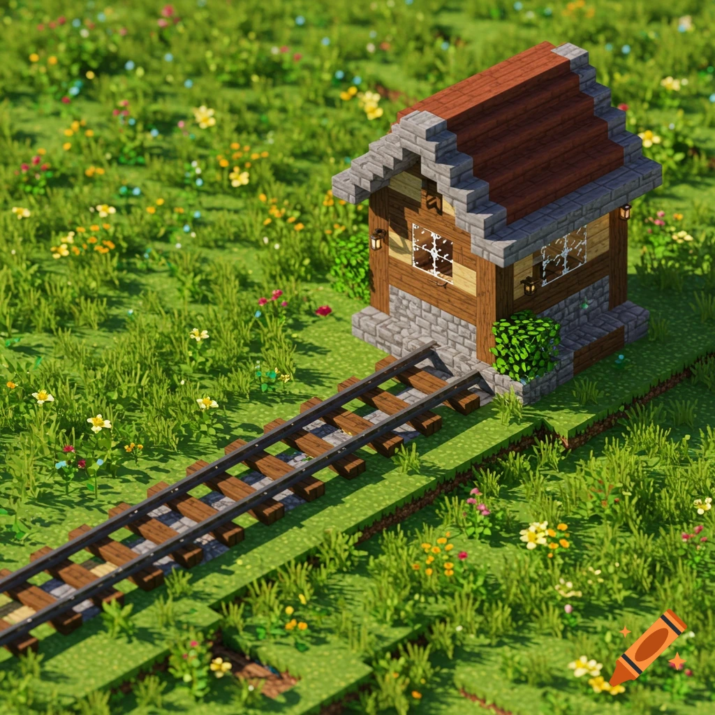 A small, blocky Minecraft-style house stands next to train tracks in a vibrant green field with colorful flowers.
