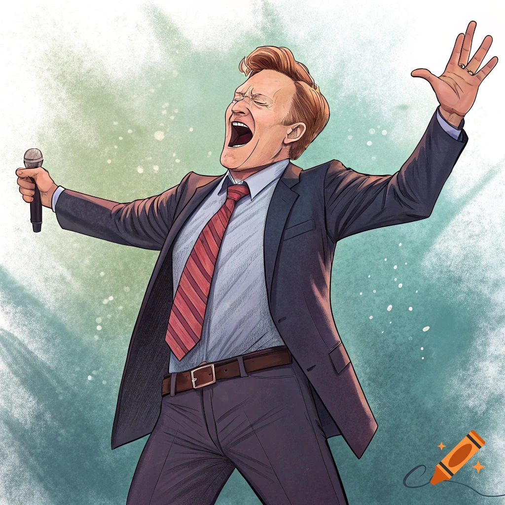 Cartoon illustration of Conan O'Brien yelling into a microphone, with one arm outstretched and mouth wide open, on a greenish background.