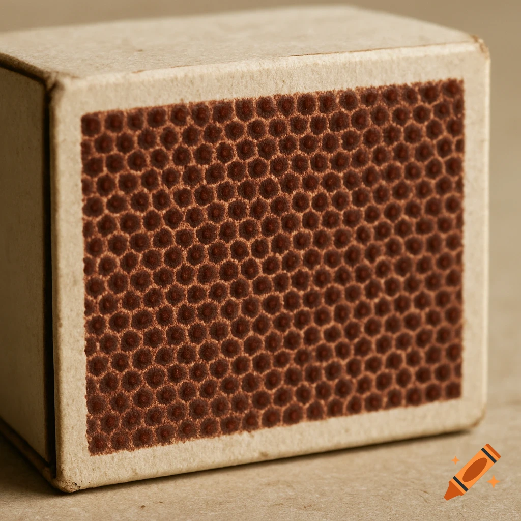 Close-up of a matchbox's textured striking surface, showing a pattern of small raised brown hexagons on a light cardboard box.