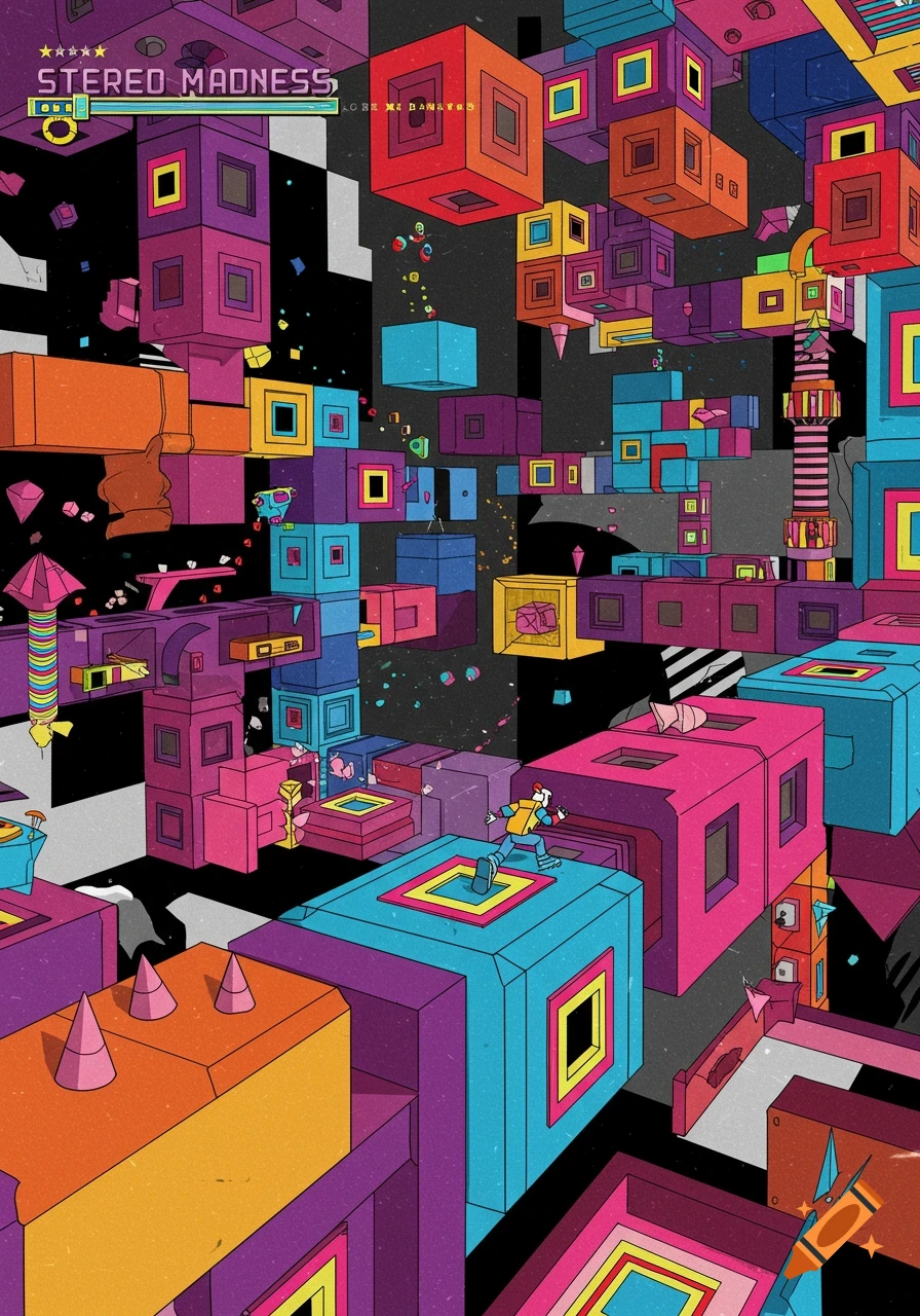 A colorful, blocky, geometric landscape resembling a video game level, with a small character running on turquoise and purple blocks against a dark background. Text reads 'Stereo Madness'.