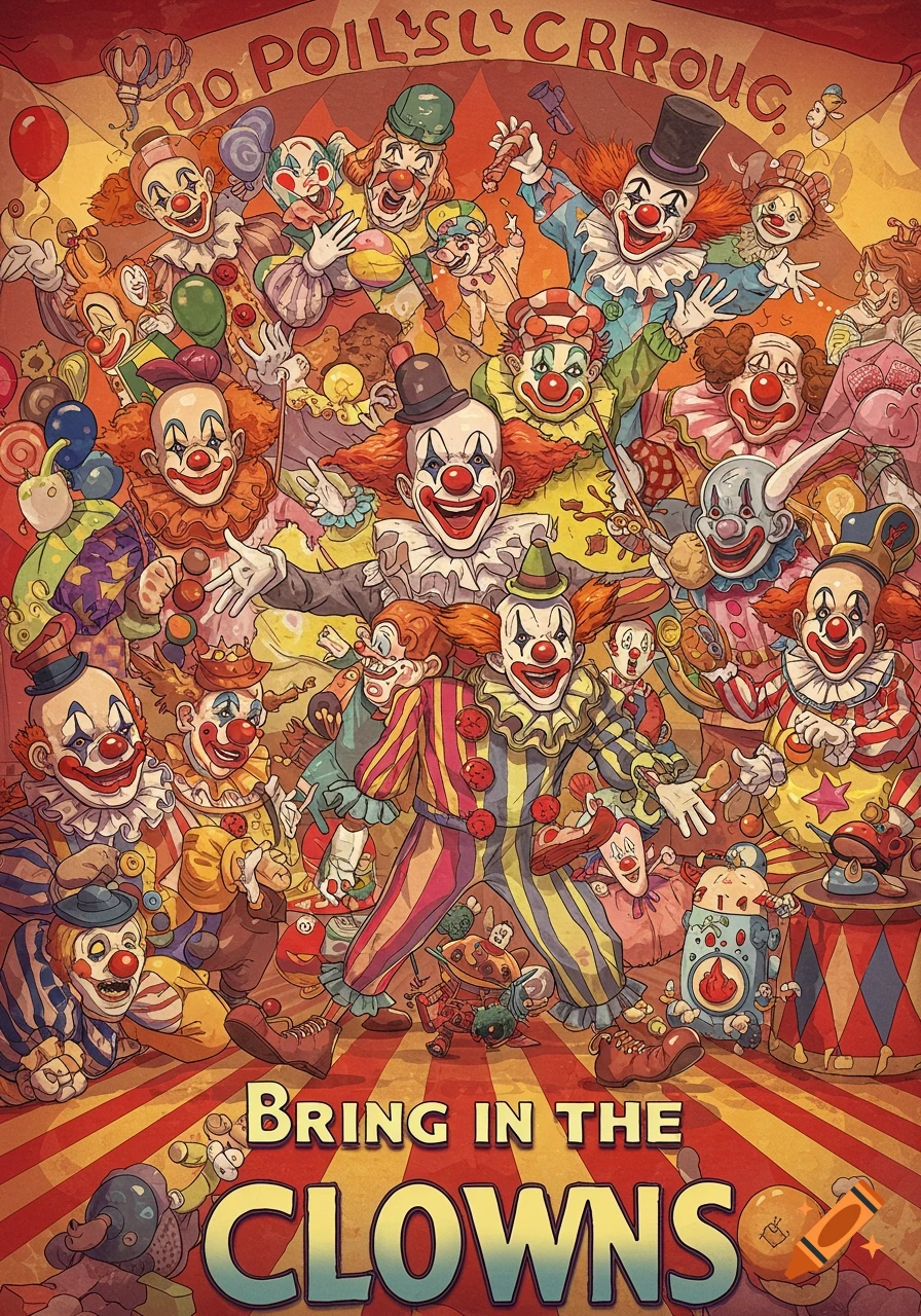 A detailed, colorful illustration resembling a vintage circus poster, featuring a large crowd of smiling clowns in various costumes, with text "Bring in the CLOWNS" at the bottom.