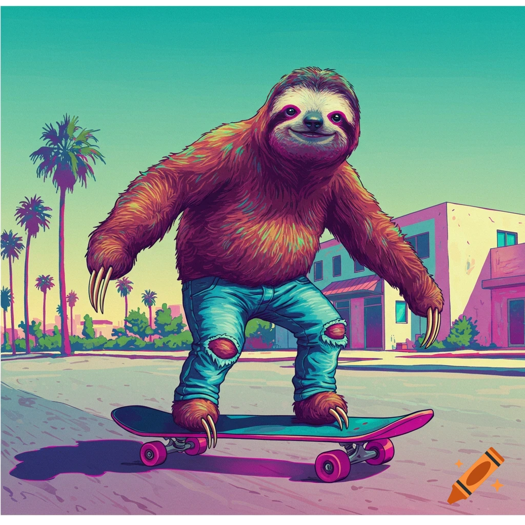 A vibrant, pop art illustration of a sloth wearing ripped jeans, skateboarding down a street lined with palm trees and buildings.