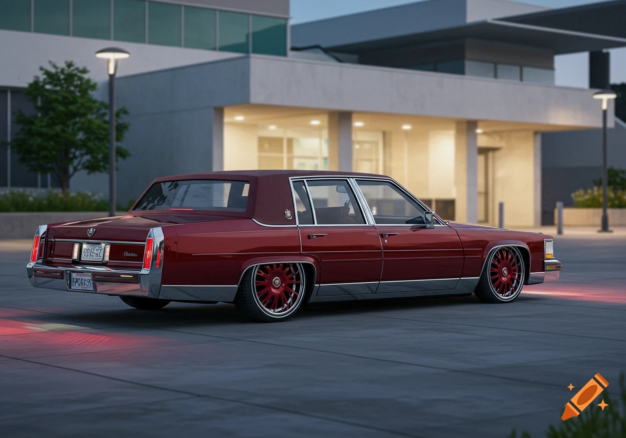 A candy burgundy 1991 Cadillac DeVille 2D with air bag suspension is parked on a paved lot in front of a modern building at dusk.