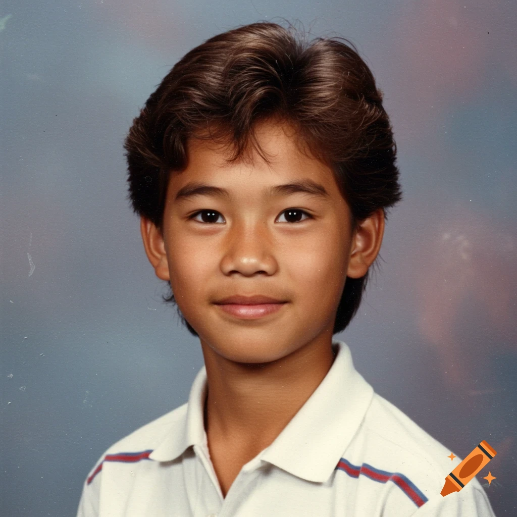 A young mixed-race boy with dark hair and a polo shirt smiles for a 1980s style yearbook portrait against a gradient background.