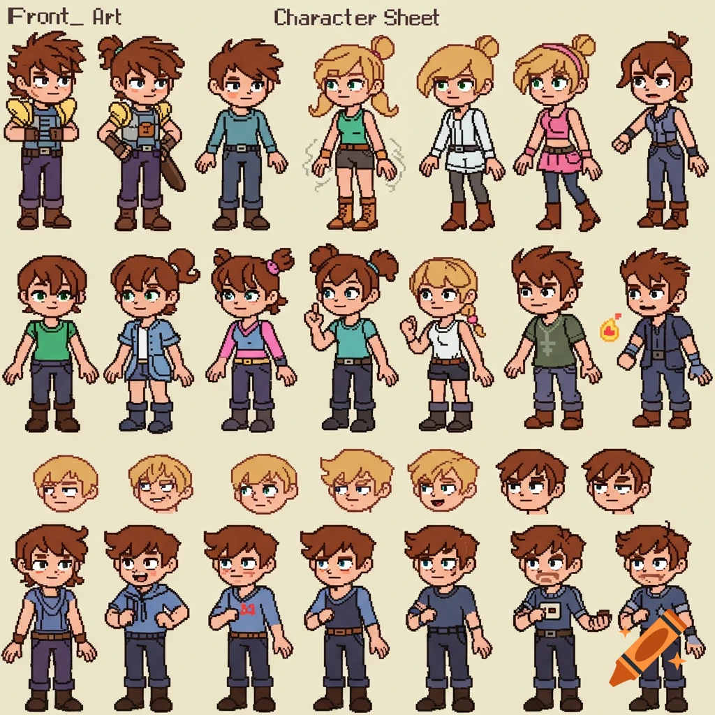 A pixel art character sheet displaying multiple variations of male and female characters in different outfits and expressions.