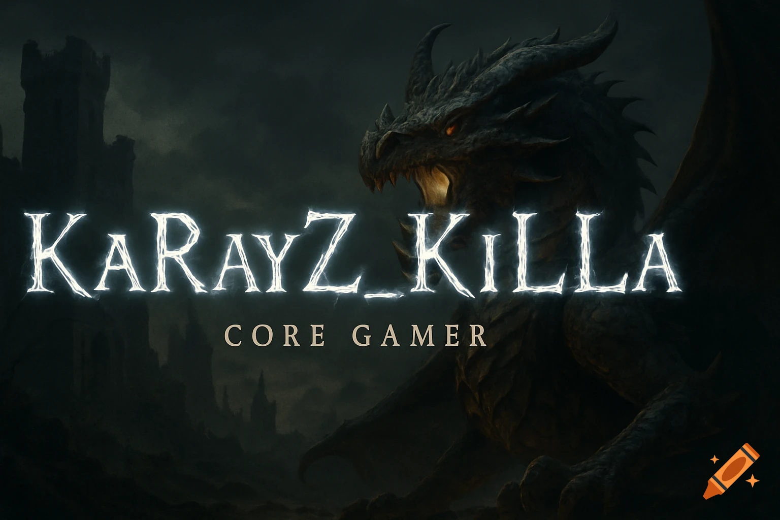 A dark fantasy Twitch banner featuring a fierce dragon and a distant castle, with 'KaRayZ_KiLLa' in glowing letters and 'CORE GAMER' below.